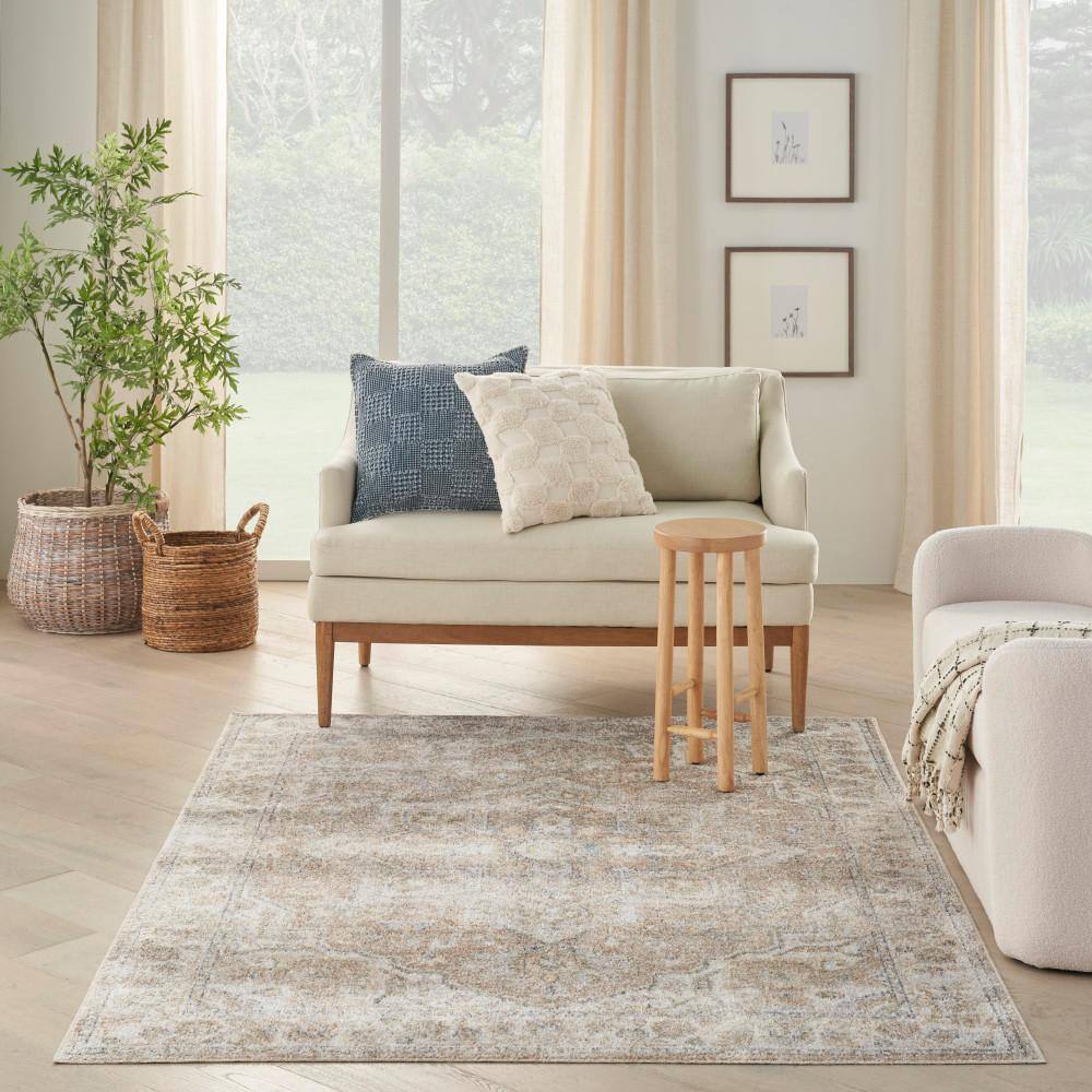 Beige Medallion Power-Loomed Washable Rectangular Area Rug