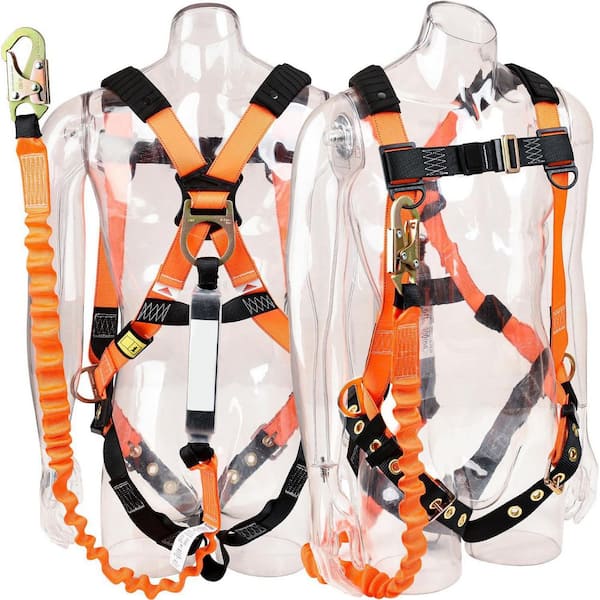 Adjustable 3D-Ring Fall Protection Safety Harness with Shock Absorber Stretchable Lanyard ANSI Compliant