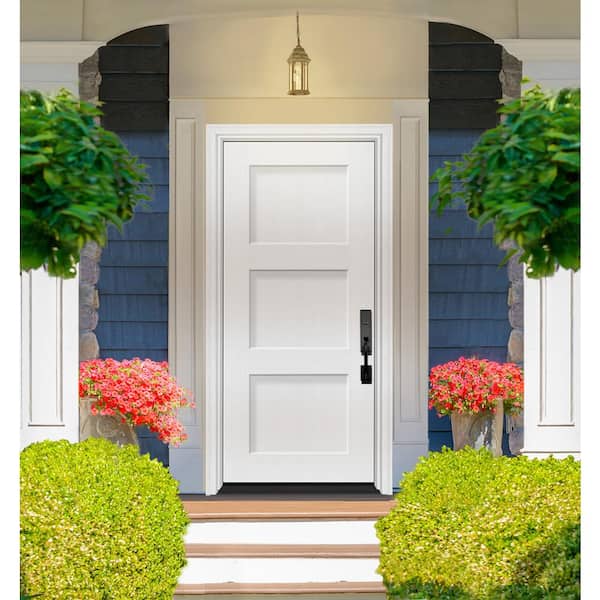 Legacy 32 in. x 80 in. 3P Equal Shaker LHIS Unfinished White Fiberglass Prehung Front Door w/6-9/16 Jamb