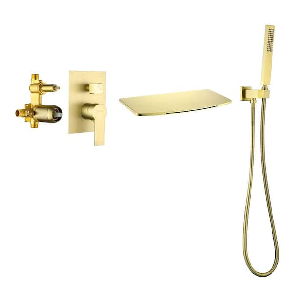 Unbranded Single-Handle Wall Mount Roman Tub Faucet with Hand Shower and Waterfall in Brushed Gold