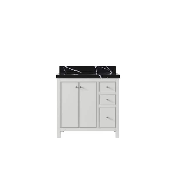 Willow Collections Chicago 36 in. Left Offset Sink Freestanding White Bath Vanity with Calacatta Black Qt. Top Unassembled