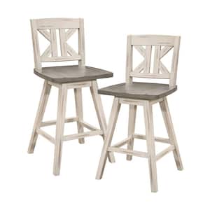 Fenton 23 in. Distressed Gray and White Wood Swivel Counter Height Chair (Divided X-Back) with Wood Seat (Set of 2)