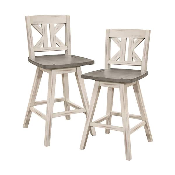 Unbranded Fenton 23 in. Distressed Gray and White Wood Swivel Counter Height Chair (Divided X-Back) with Wood Seat (Set of 2)