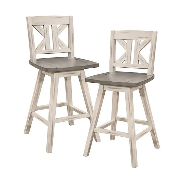 Lazzara Fenton 23 in. Distressed Gray and White Wood Swivel Counter Height Chair (Divided X-Back) with Wood Seat (Set of 2)