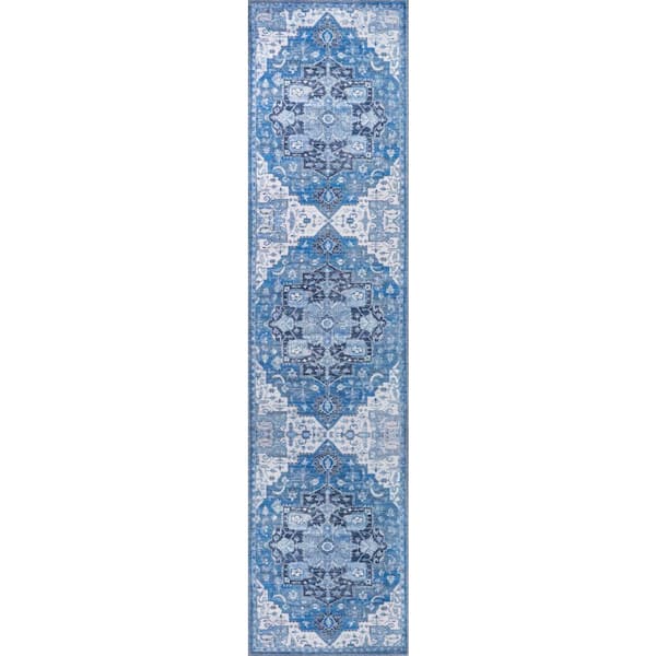 Maris Ornate Blue/Navy 2 ft. x 8 ft. Medallion Machine Washable Indoor Area Rug