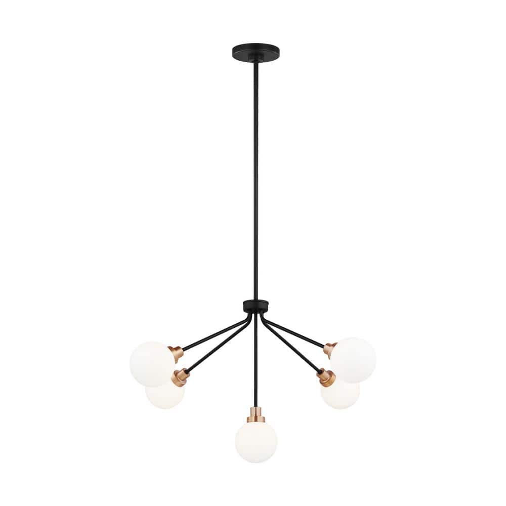 Andrea 5-Light Black and Brass Sputnik Chandelier with Frosted Glass Shades