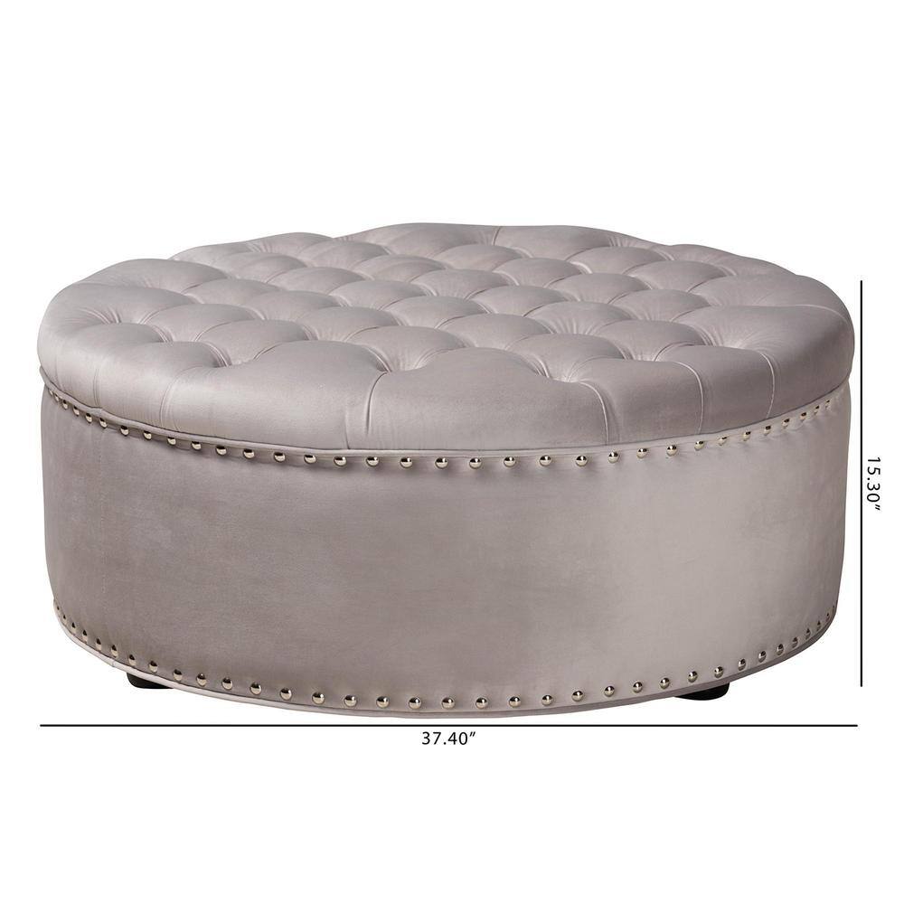 Light Gray Velvet Tufted Round Ottoman with Eucalyptus Frame