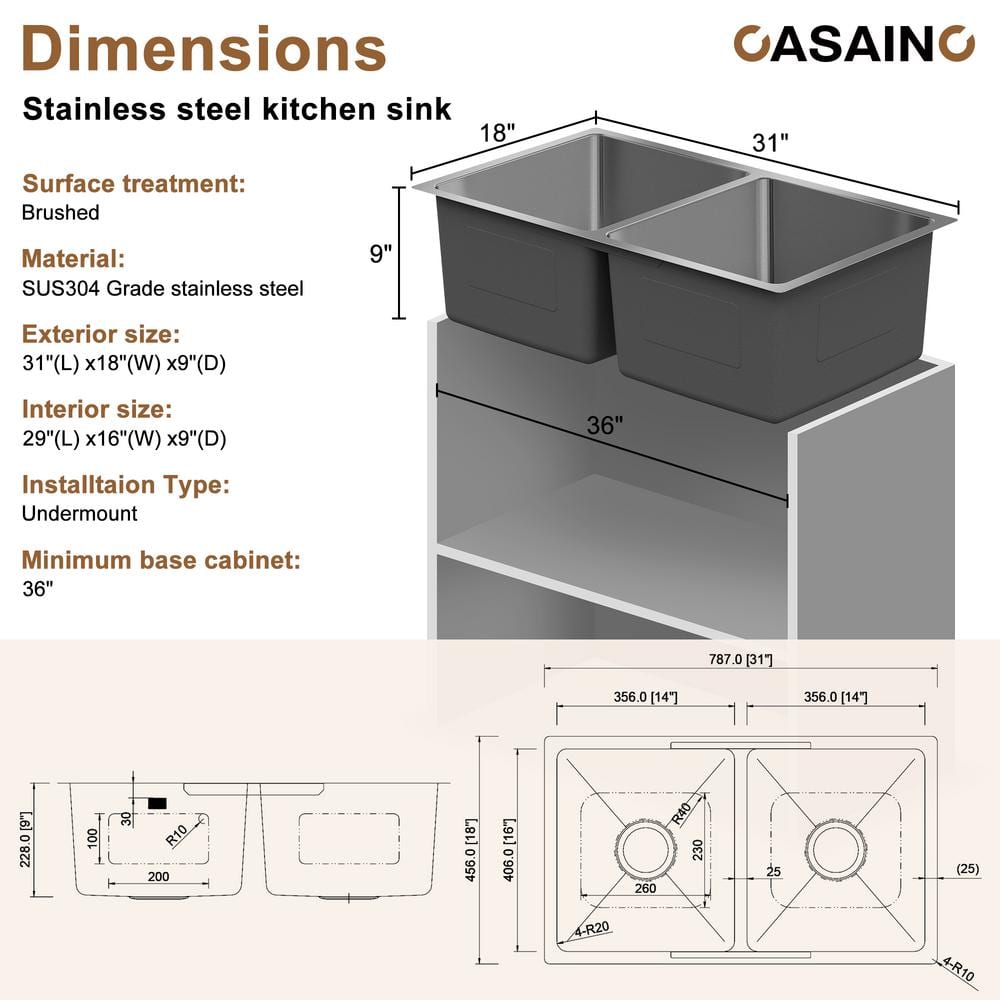 31'' Brushed Stainless Steel Double Bowl Undermount Kitchen Sink