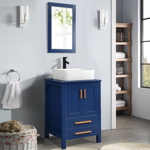 Puluomis 24 in. W x 19 in. D x 38 in. H Single Sink Bath Vanity in Blue with Blue Solid Surface Top and Mirror