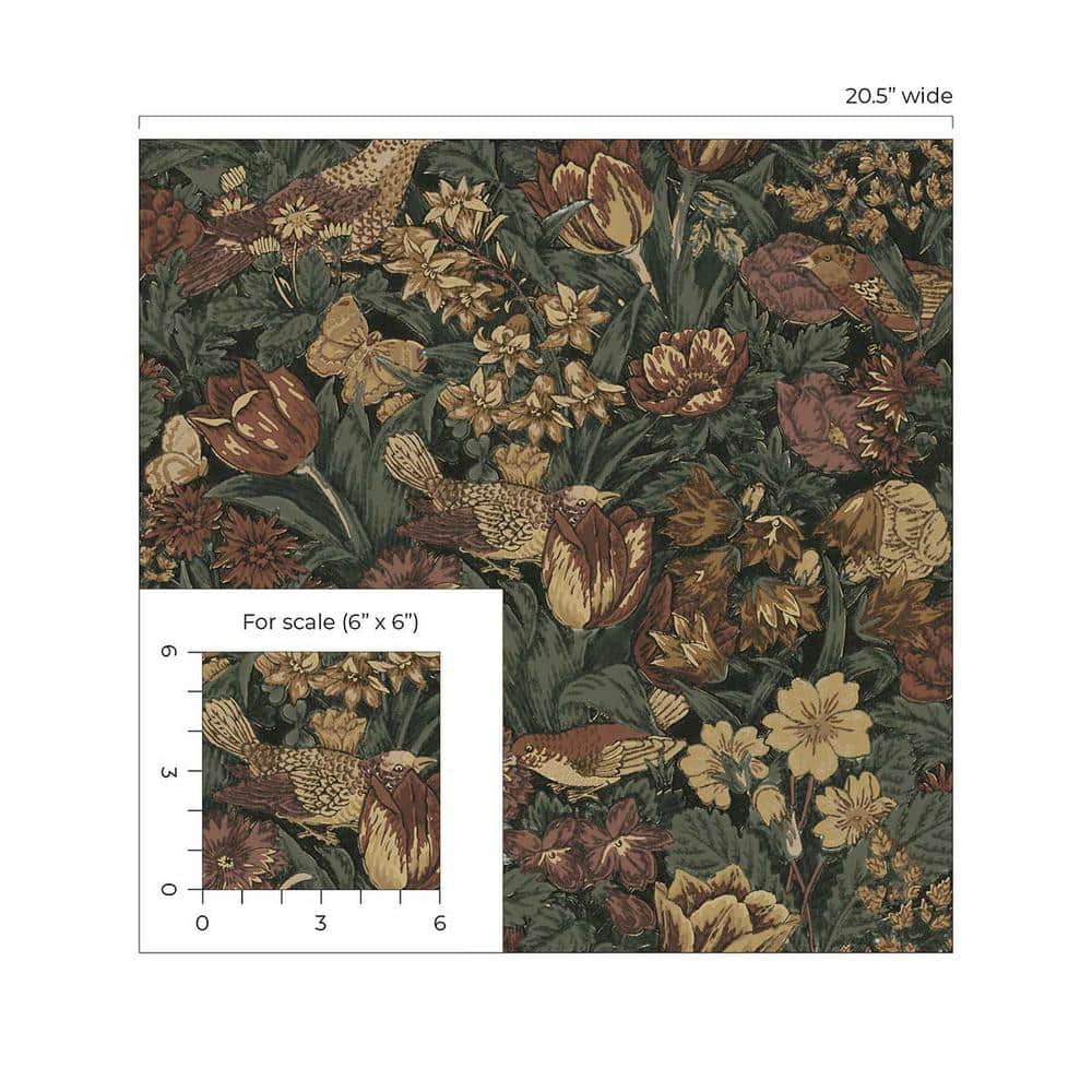 Mahogany and Graphite Bird Floral Pre-pasted Vinyl Wallpaper