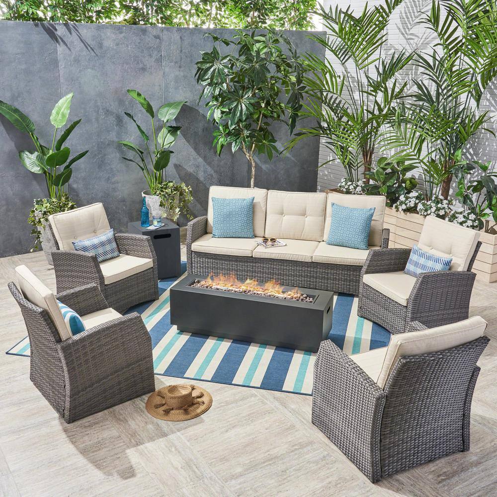 Noble House Sanger Gray 7-piece Faux Rattan Patio Fire Pit Conversation 