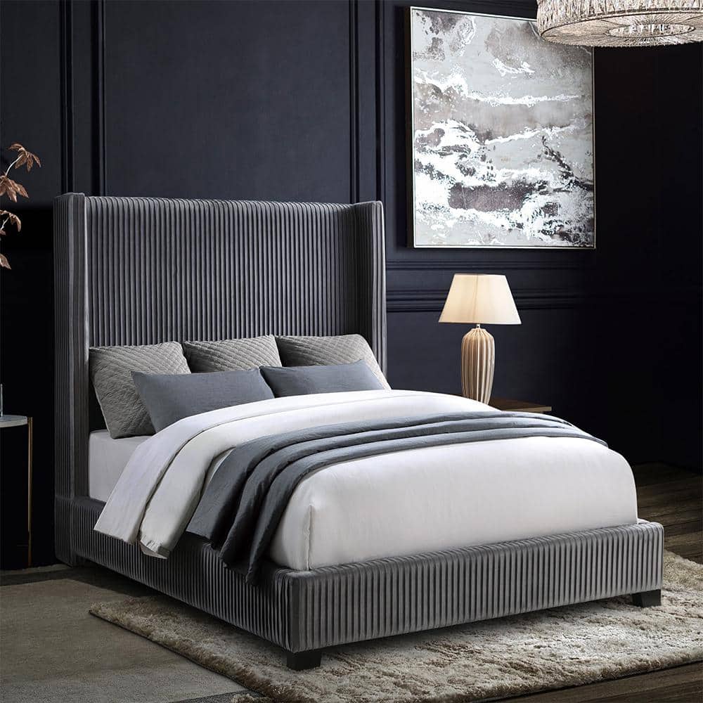 Glenbury Dark Gray Velvet Queen Upholstered Bed with Headboard