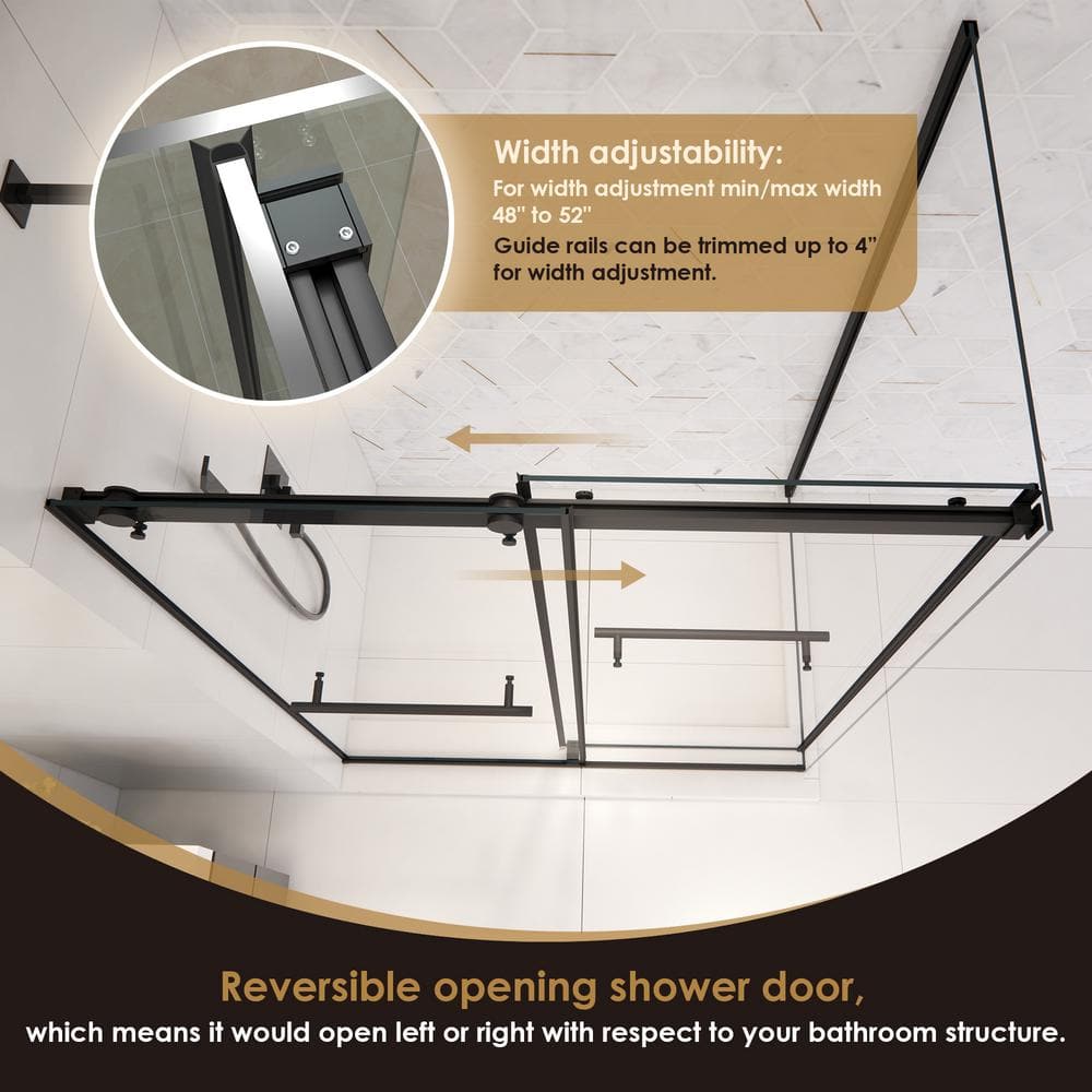 Belizzi 52" W x 76" H Frameless Matte Black Shower Enclosure with Clear Glass