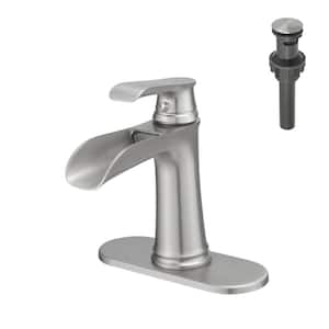 Single Handle Single Hole Bathroom Faucet with Deck Plate and Drain, Waterfall Bathroom Faucet in Brushed Nickel