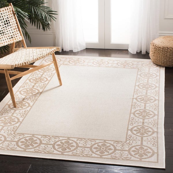 Bermuda Ivory/Beige Doormat 3 ft. x 5 ft. Floral Geometric Border Indoor/Outdoor Area Rug