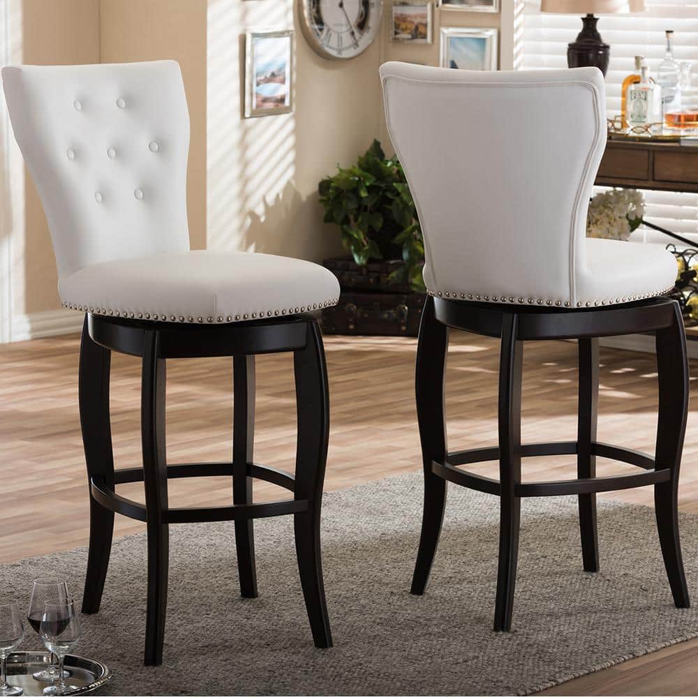 White Faux Leather Button-Tufted Swivel Bar Stools with Dark Wood Legs, Set of 2