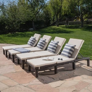 Caesar Multibrown 4-Piece Faux Rattan Outdoor Chaise Lounge with Cream Cushion