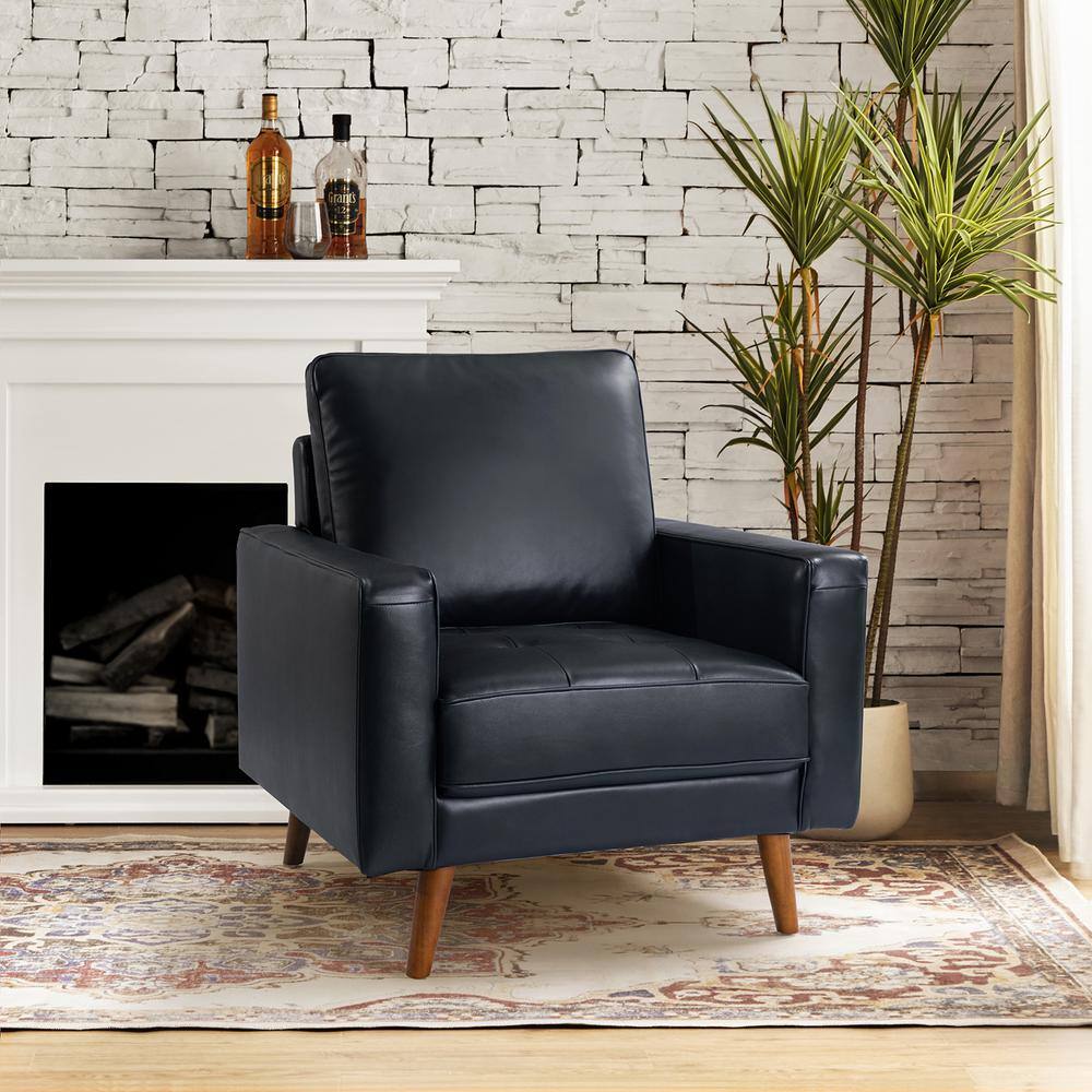 Navy Genuine Leather Mid-Century Modern Accent Chair