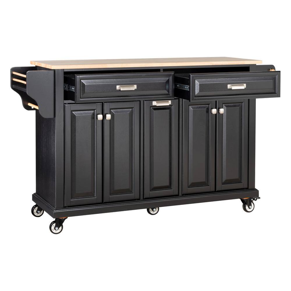 Black Rubber Wood Kitchen Cart with 4 Door Cabinet, Three Drawers ...