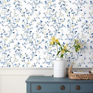 Emily White/Blue Non-Pasted Wallpaper Roll (Covers 52 sq. ft.)