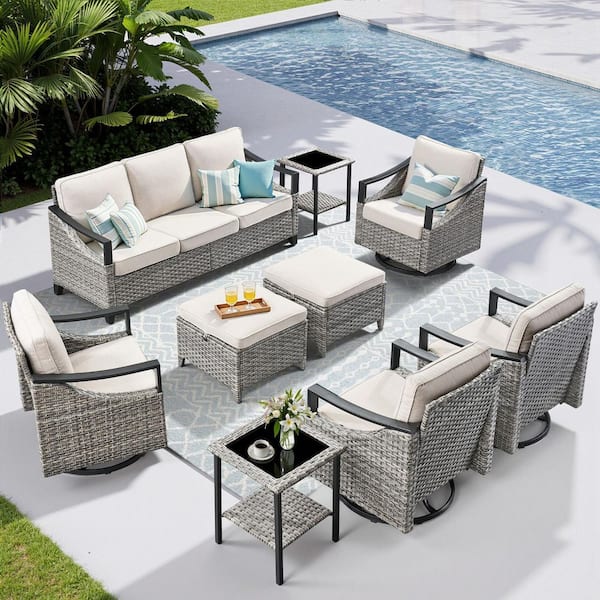 9-Piece Set Wicker Patio Conversation Set with Beige Cushions, Iron Handrail