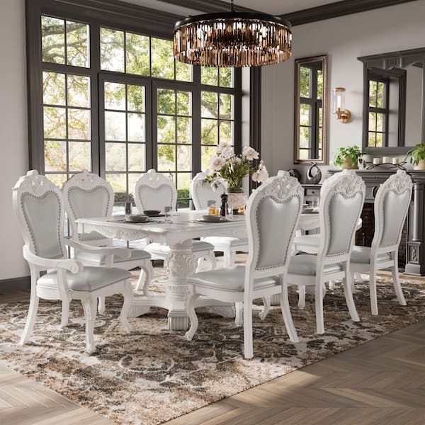 Divino 9-Piece Rectangular White Extendable Wood Top Dining Room Set (Seats 8)
