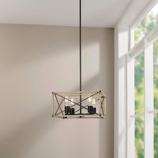 Hampton Bay Madison Landing 4-Light Caged Matte Black Rectangular Pendant Hanging Light with Washed White Farmhouse Wood Accents