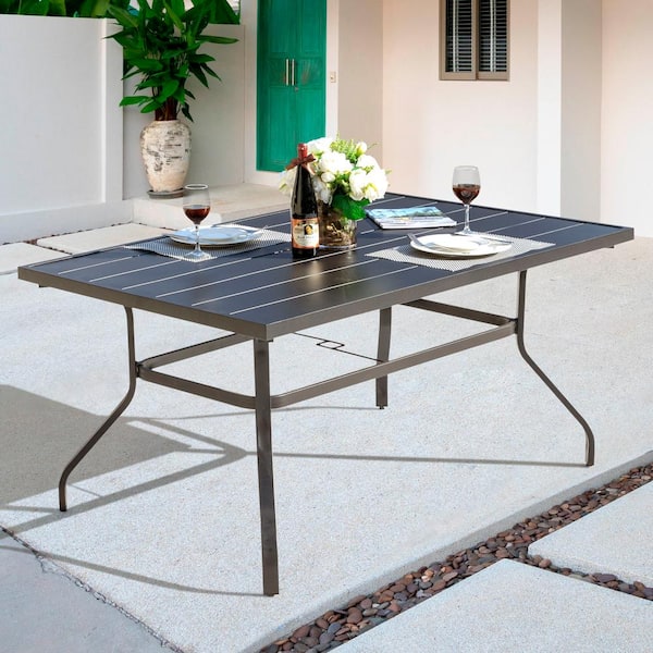 Nuu Garden Black Rectangle Metal, Outdoor Rectangular Dining Table With Umbrella Hole