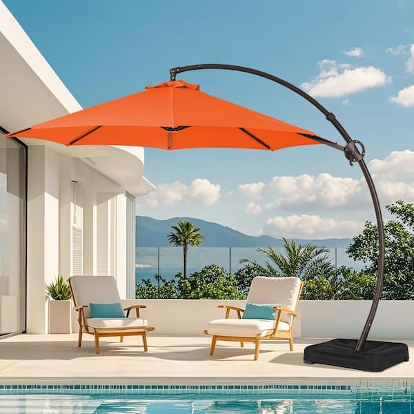 JEAREY 10 ft. Large Outdoor Aluminum Curvy Cantilever Offset Hanging Patio Umbrella with Sandbag Base and Cover in Orange