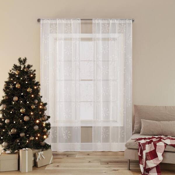 Sheer Curtains 72 Inches Long, Christmas Gnome Winter Xmas Tree Pine Leaves Snowflake Retro Wood Grain Window Rod Pocket Voile Drapes Living Room 52 W