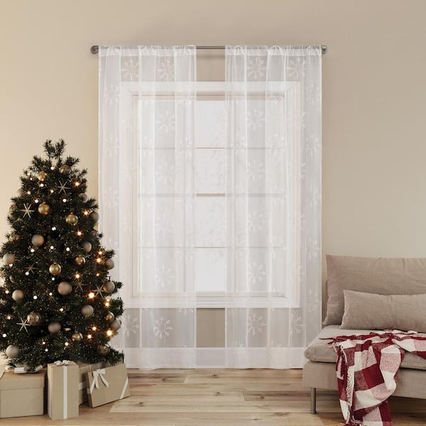 Sun Zero Holiday Snowflake Embroidery White Polyester 36 in. W x 84 in. L Rod Pocket Sheer Curtain (Single Panel)