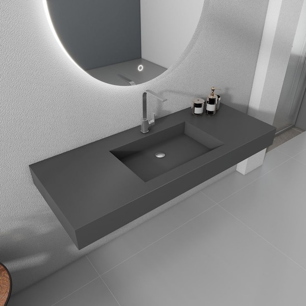 47 in. Wall Mount Rectangle Vessel Sink with Faucet Hole, Grey Solid Surface Bathroom Vessel Sink
