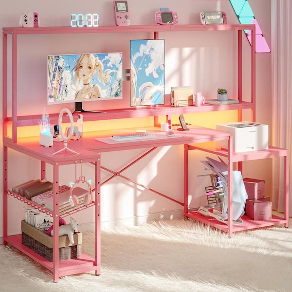 Bestier 71 in. Pink L-shaped Desk Computer Desk Power Outlets, Hutch, Monitor Stand and Storage Shelf