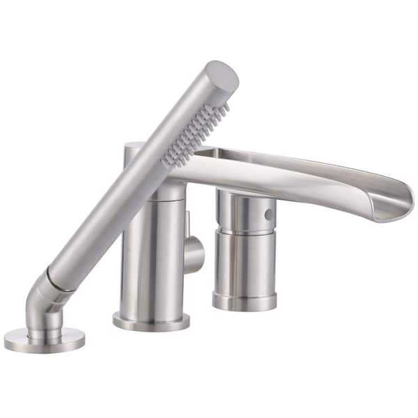 Waterfall Single-Handle Floor-Mount Roman Tub Faucet with Hand Shower, 3-Hole Bathtub Faucet in. Brushed Nickel
