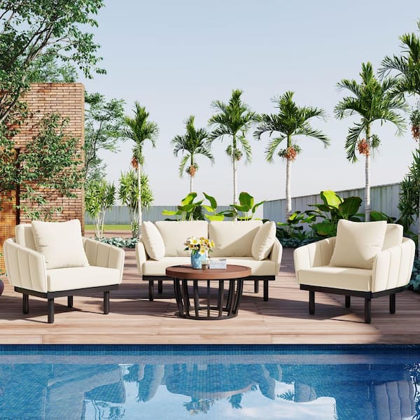Unbranded 4 -Pieces Wicker Outdoor Dialogue Set Franchise Chat Set with Acacia Coffee Coffee Table and Beige Cushion