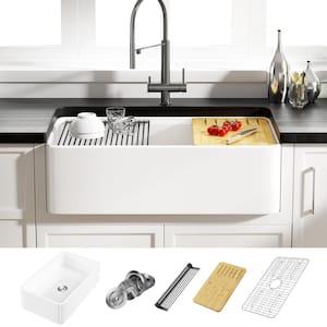 Yorkshire Crisp White Fireclay 33 in. Single Bowl Farmhouse Apron Workstation Kitchen Sink with Accessories