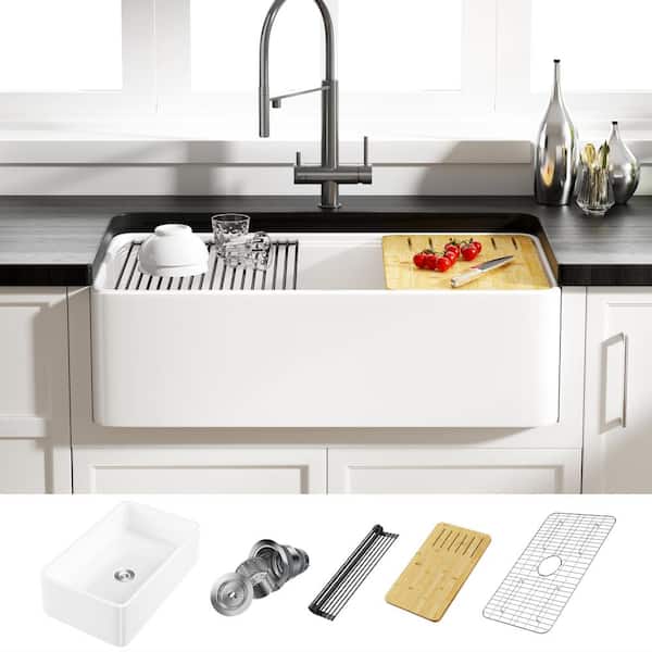 Eridanus Yorkshire Crisp White Fireclay 33 in. Single Bowl Farmhouse Apron Workstation Kitchen Sink with Accessories