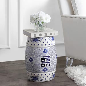 18 in. Blue/White Chinoiserie Ceramic Drum Double Happiness Garden Stool