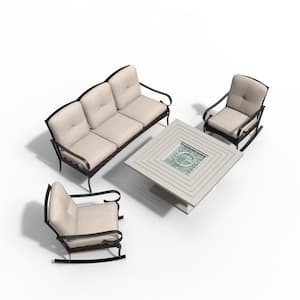Irene Gray 4-Piece Aluminum Patio Fire Pit Conversation Sofa Set with Beige Cushions