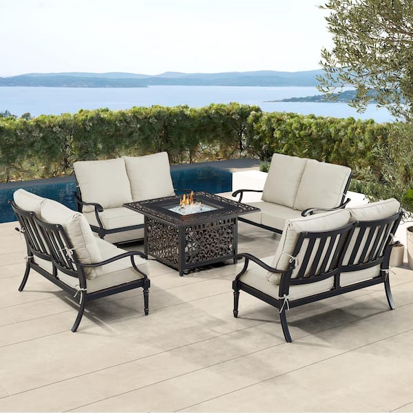 Black 5-Piece Aluminum Patio Fire Table Set with Light Grey Cushions