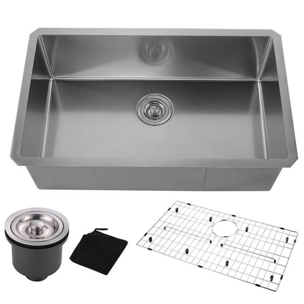 32 in. Undermount Single Bowl 16 Gauge Brushed Nickel Stainless Steel Kitchen Sink with Bottom Grids and Basket Strainer