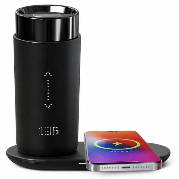 12oz Iron Black Stainless Steel Ceramic Heated Coffee Mug App Controlled Self Heating Travel Mug w/Wireless Charger Base