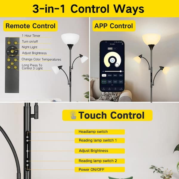 BICIK 71 in. Black 3-Light Dimmable Torchiere Floor Lamp