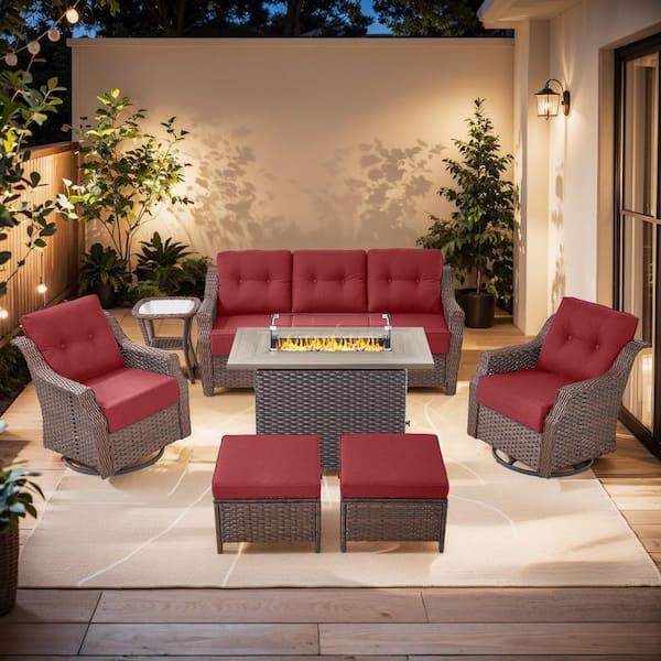 Modern Farmhouse 7-Piece Brown Wicker Fire Pit Conversation Set with 6 in. Red Cushions and Patio Swivel Chairs