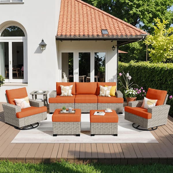 XIZZI Mettle 8-Piece Wicker Patio Conversation Seating Sofa Set with Orange Red Cushions and Swivel Rocking Chairs