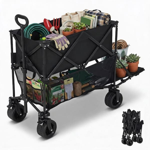 Collapsible 2-Tier Folding Utility Wagon Cart, 220 lb Heavy Duty, Expandable 120L Double Decker Capacity