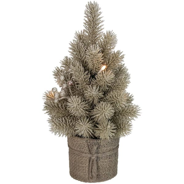 12 in. LED Pre-lit Gold Metallic Glitter Artificial Christmas Tree with Burlap Base - Clear Lights