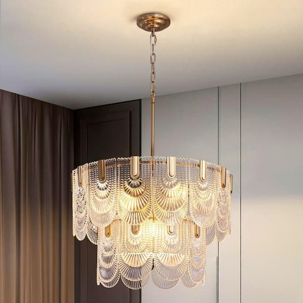 24 in. 9-Light Glass Modern Gold Chandelier for Dining Room and Living Room