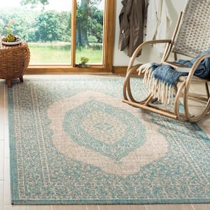 Courtyard Light Gray/Aqua 7 ft. x 10 ft. Border Indoor/Outdoor Patio  Area Rug