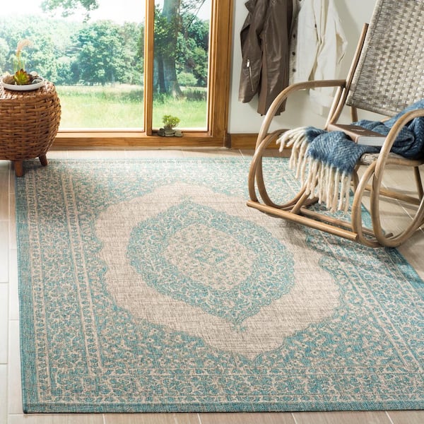 Courtyard Light Gray/Aqua 7 ft. x 7 ft. Square Border Indoor/Outdoor Patio  Area Rug